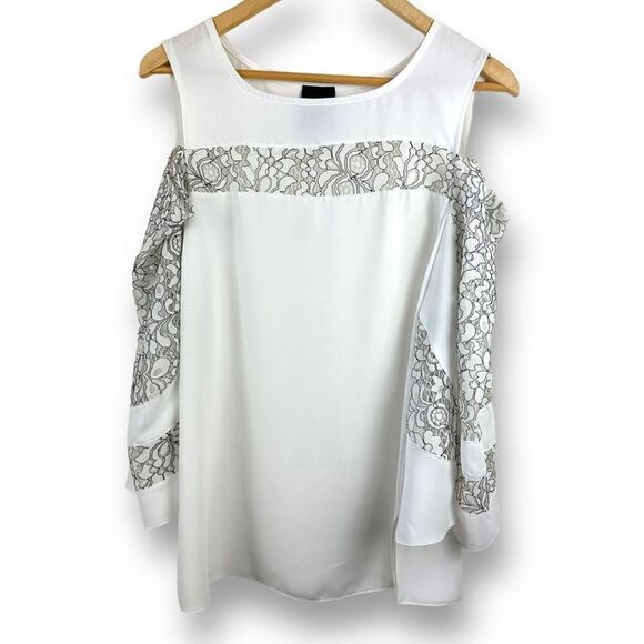 Cartise lightweight cold shoulder blouse white with black and white lace accents - Picture 1 of 14